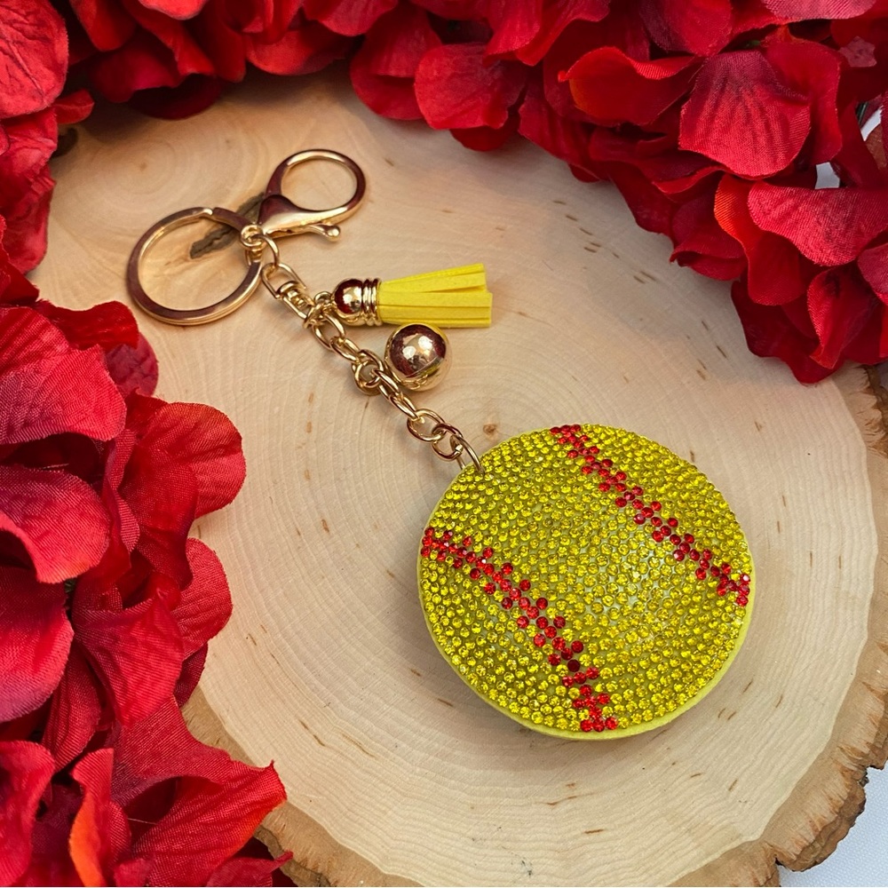 🥎Crystal & Leather Softball Keychain & Yellow Tassel - Picture 3 of 10